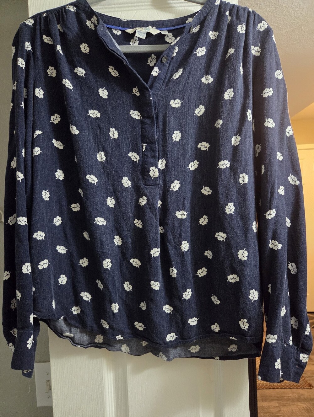 Boden Womens Navy Blue Henley Shirt with White Leaf Print